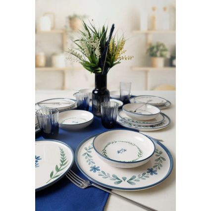 18-delige keramische serviesset — wit/blauw/groen