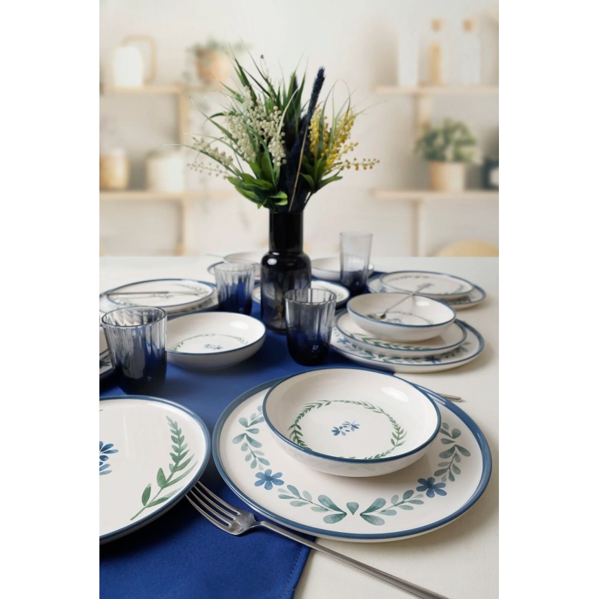 18-delige keramische serviesset — wit/blauw/groen