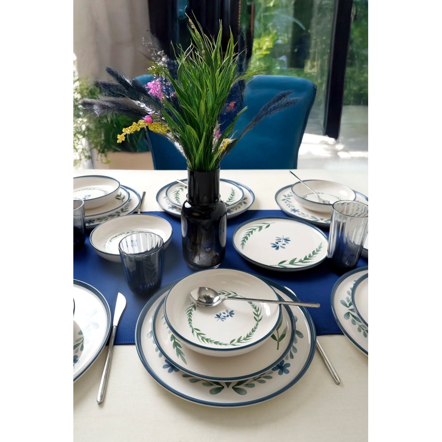 18-delige keramische serviesset — wit/blauw/groen
