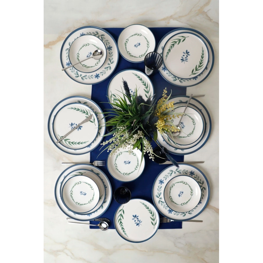 18-delige keramische serviesset — wit/blauw/groen