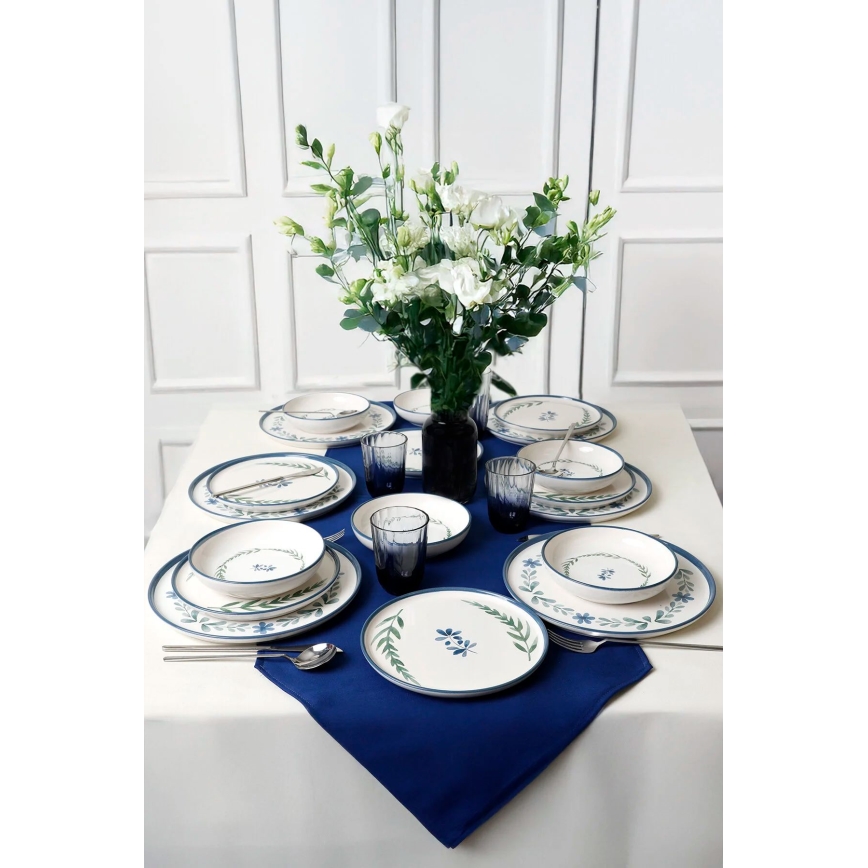 18-delige keramische serviesset — wit/blauw/groen