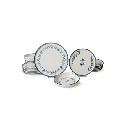 18-delige keramische serviesset — wit/blauw/groen
