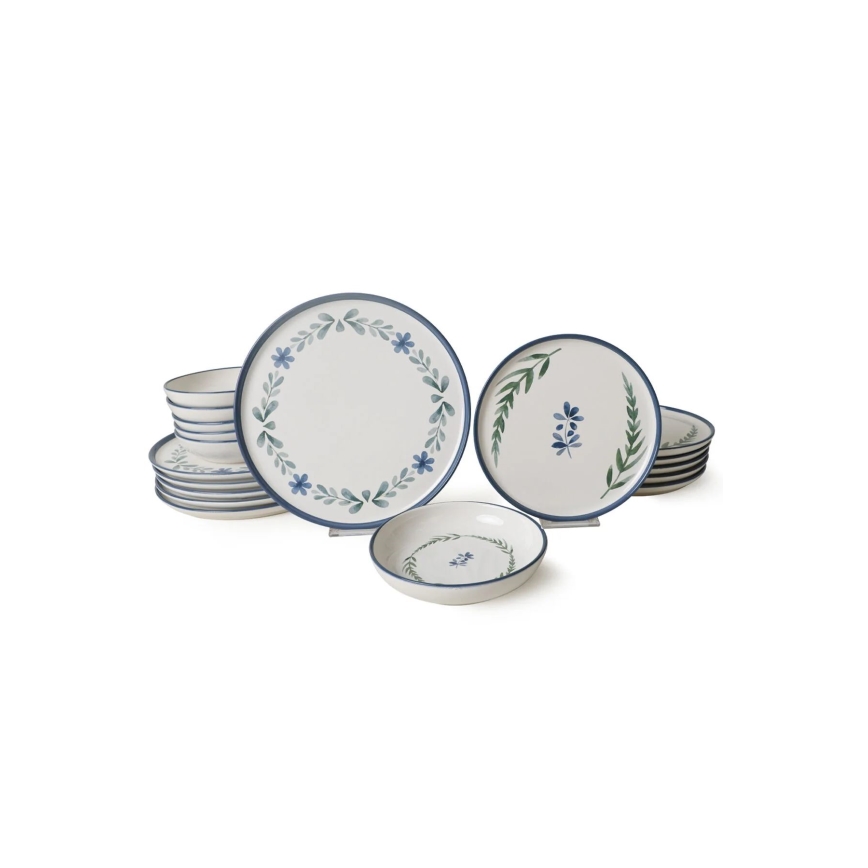 18-delige keramische serviesset — wit/blauw/groen