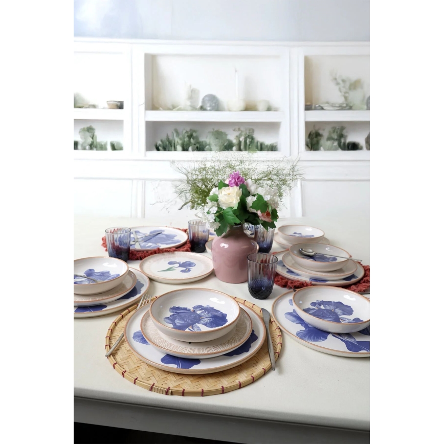 18-delige serviesset wit/blauw/beige/keramiek