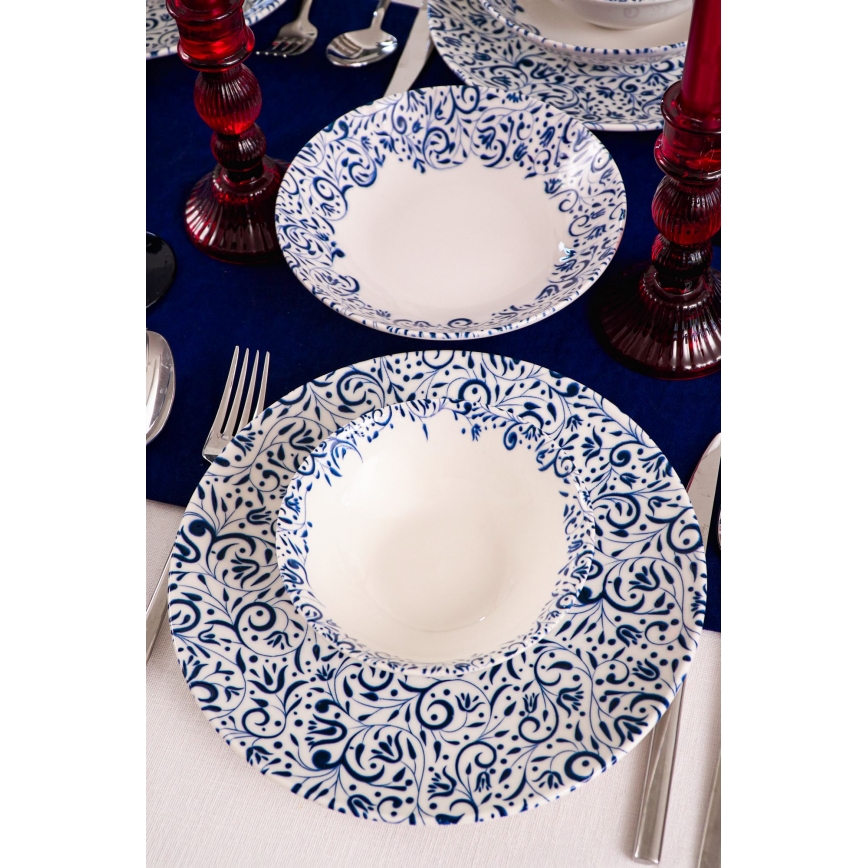 18-delige serviesset, wit/blauw, porselein