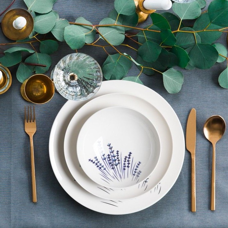 24-delig servies, wit/blauw, porselein