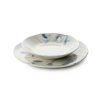 24-delig servies, wit/blauw, porselein