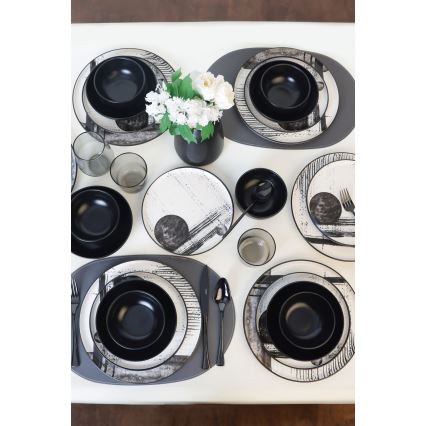 24-delig servies, wit/zwart, steengoed