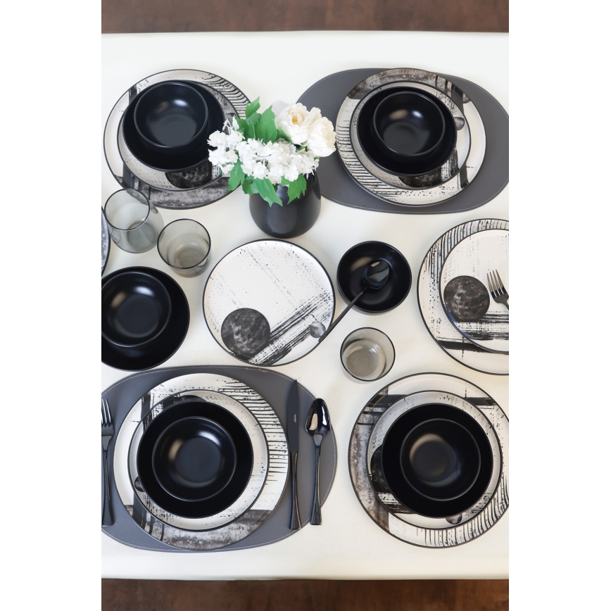 24-delig servies, wit/zwart, steengoed