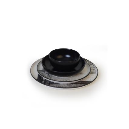 24-delig servies, wit/zwart, steengoed