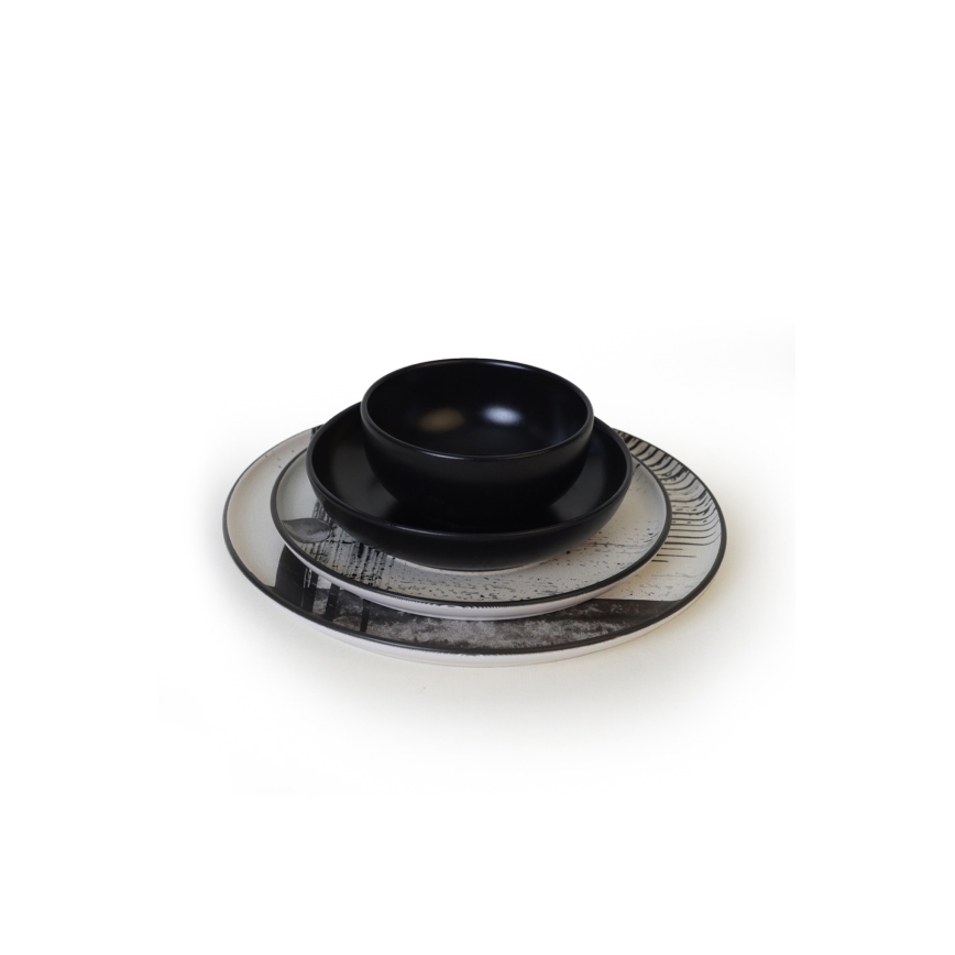 24-delig servies, wit/zwart, steengoed