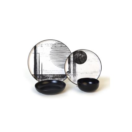 24-delig servies, wit/zwart, steengoed
