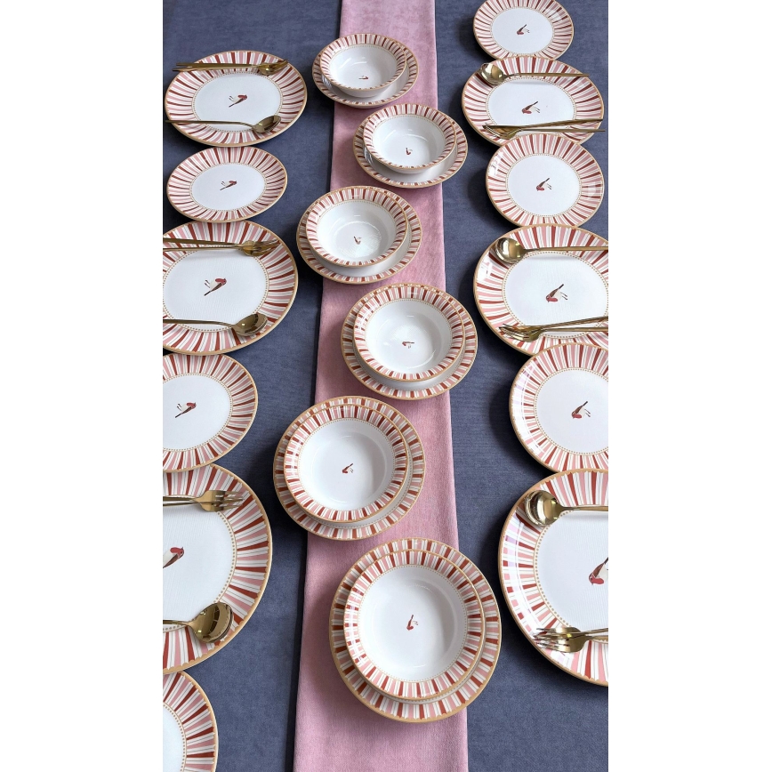 24-delige keramische serviesset – wit/rood met gouden accenten