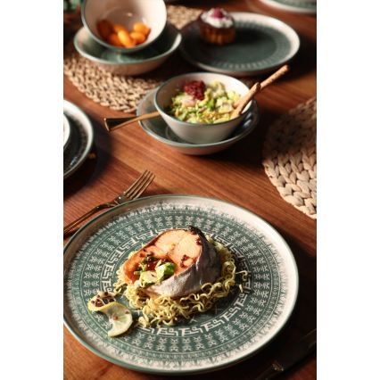 24-delige serviesset, beige/groen/steengoed