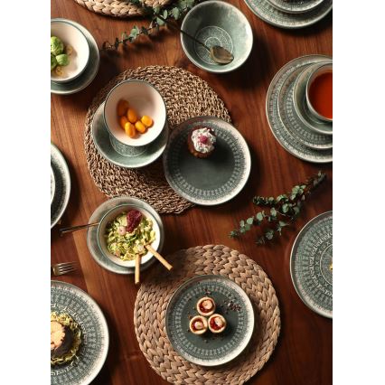 24-delige serviesset, beige/groen/steengoed