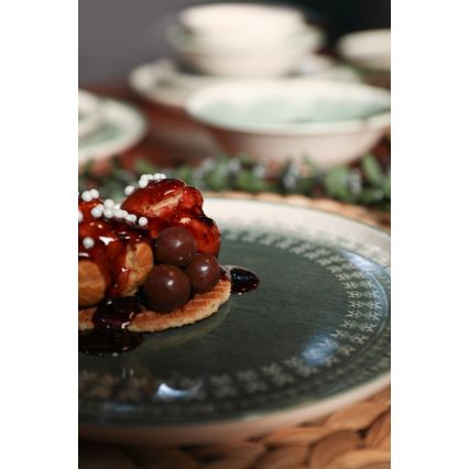 24-delige serviesset, beige/groen/steengoed