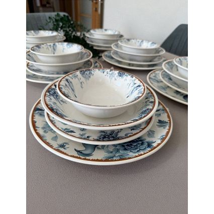24-delige serviesset van keramiek, wit/blauw/bruin