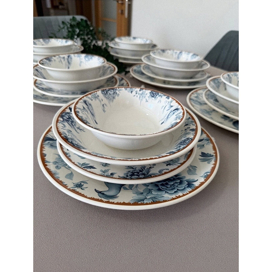 24-delige serviesset van keramiek, wit/blauw/bruin