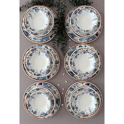 24-delige serviesset van keramiek, wit/blauw/bruin