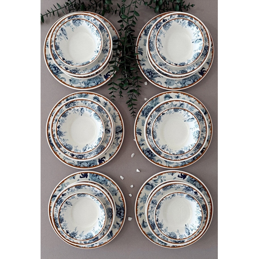 24-delige serviesset van keramiek, wit/blauw/bruin