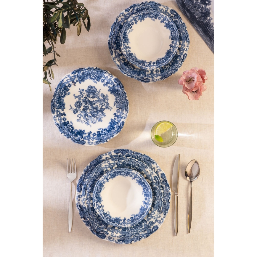 24-delige serviesset van porselein, wit/blauw