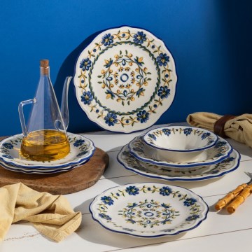 24-delige serviesset, wit/blauw/geel, porselein