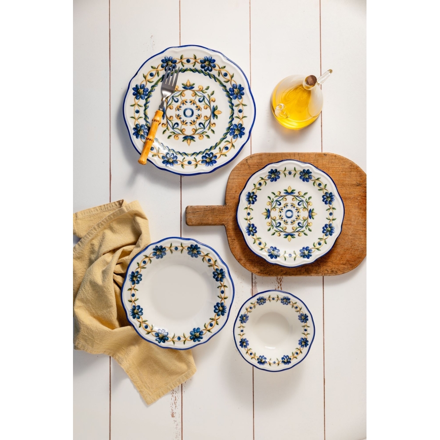 24-delige serviesset, wit/blauw/geel, porselein