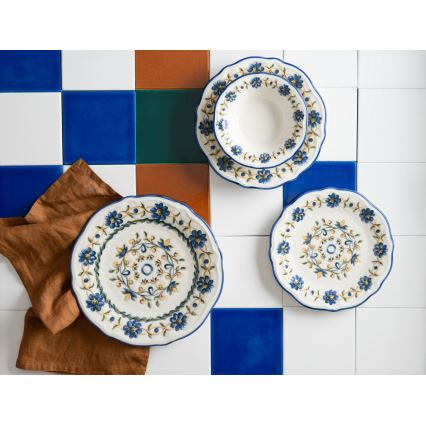 24-delige serviesset, wit/blauw/geel, porselein