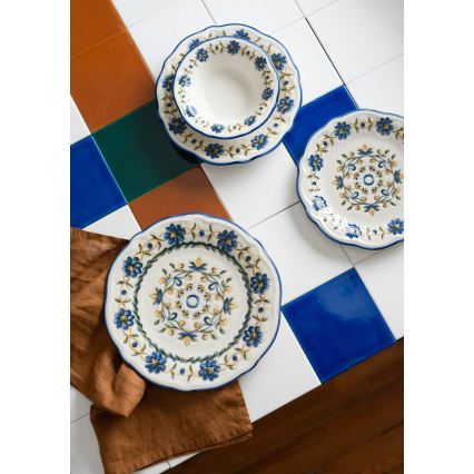 24-delige serviesset, wit/blauw/geel, porselein