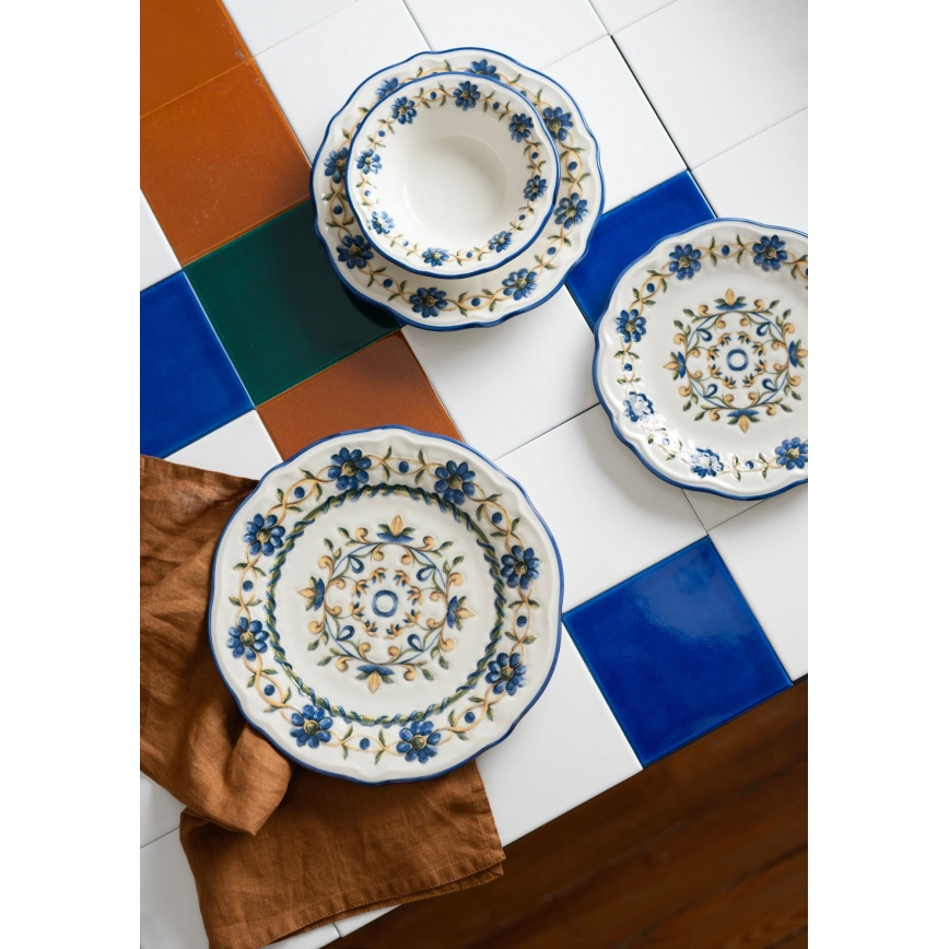 24-delige serviesset, wit/blauw/geel, porselein