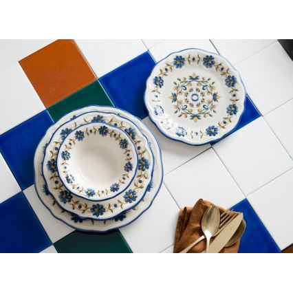 24-delige serviesset, wit/blauw/geel, porselein
