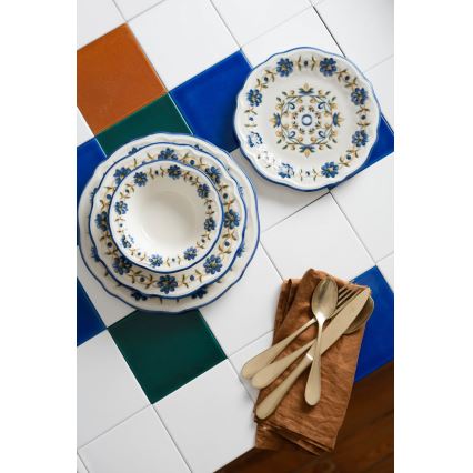 24-delige serviesset, wit/blauw/geel, porselein
