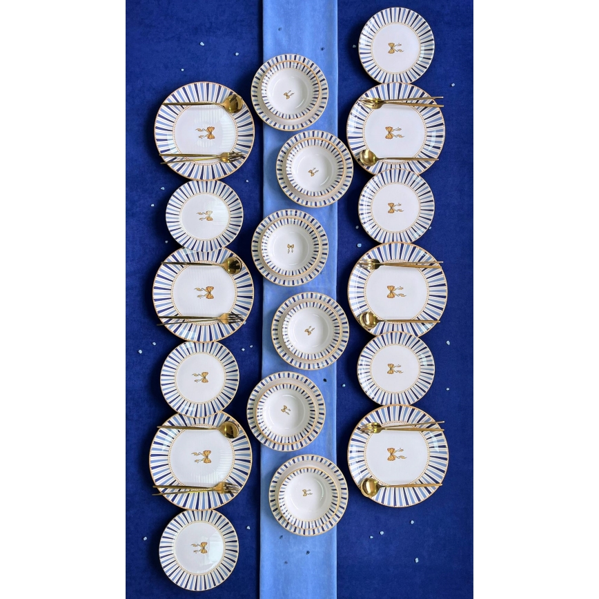 24-delige serviesset, wit/blauw/goud, keramiek