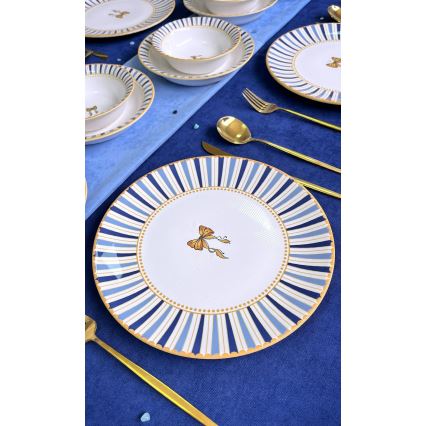 24-delige serviesset, wit/blauw/goud, keramiek