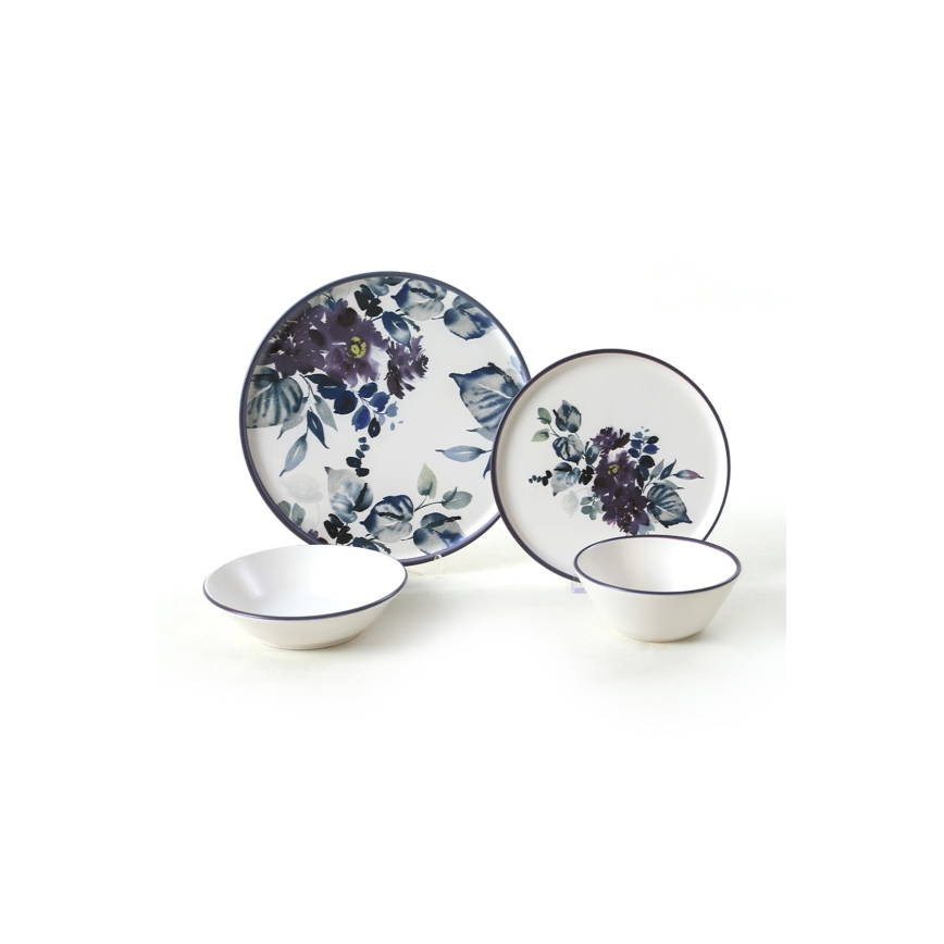 24-delige serviesset, wit/blauw, keramiek