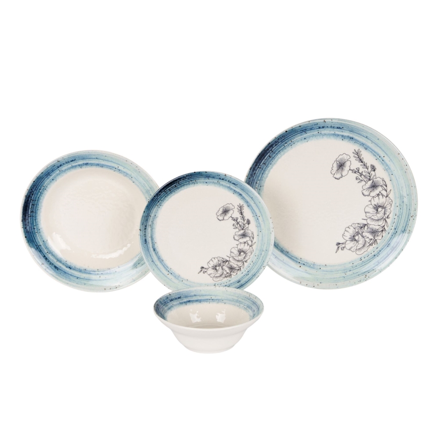 24-delige serviesset, wit/blauw, keramiek