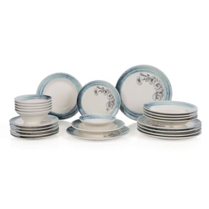 24-delige serviesset, wit/blauw, keramiek