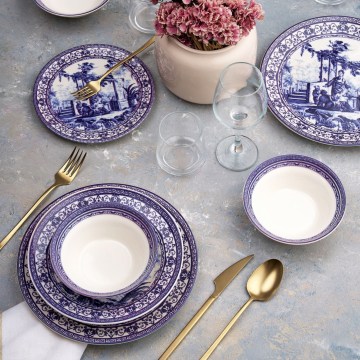 24-delige serviesset, wit/blauw, keramiek