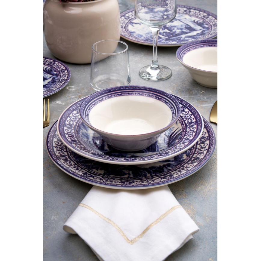 24-delige serviesset, wit/blauw, keramiek