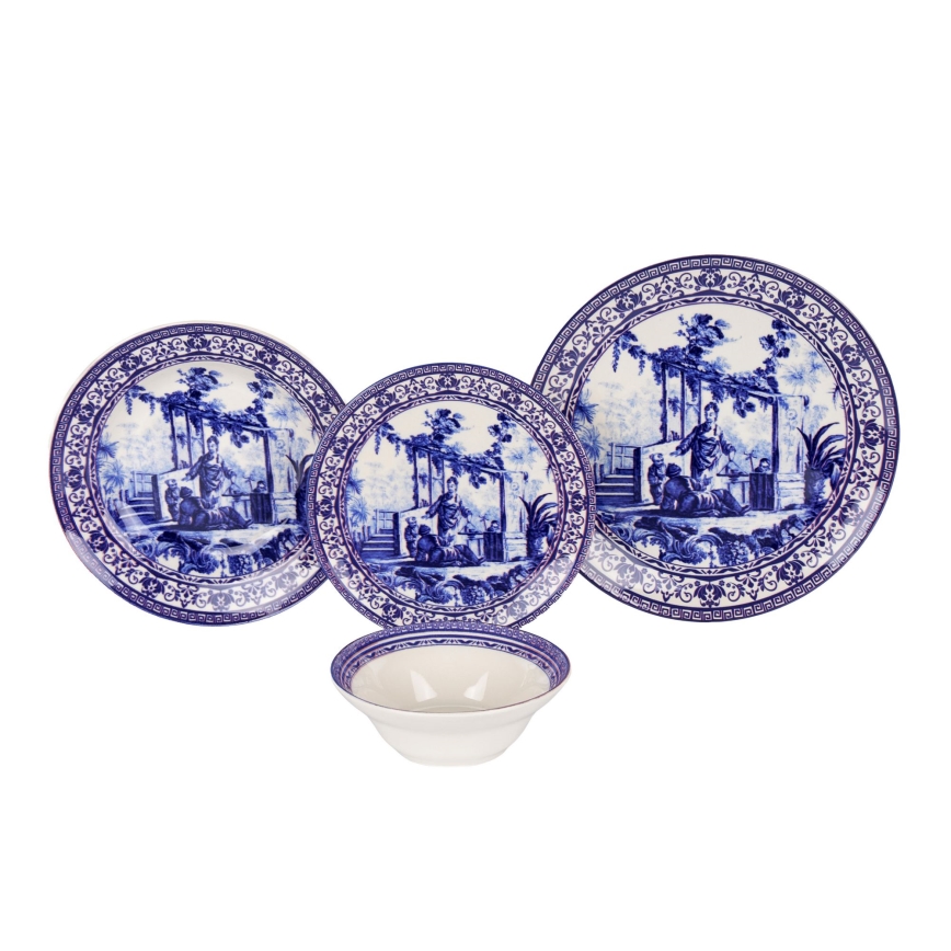 24-delige serviesset, wit/blauw, keramiek