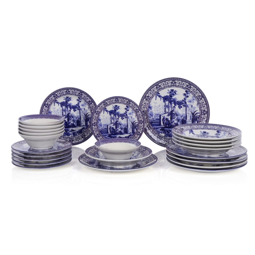 24-delige serviesset, wit/blauw, keramiek
