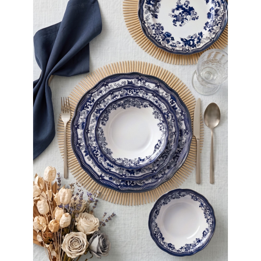 24-delige serviesset, wit/blauw, porselein