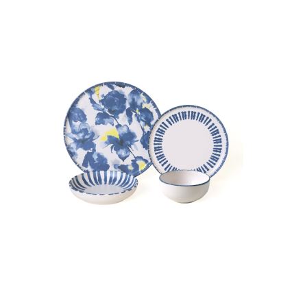 24-delige serviesset, wit/blauw, steengoed