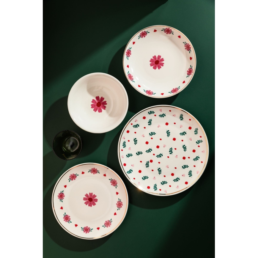 24-delige serviesset, wit/rood/groen, porselein