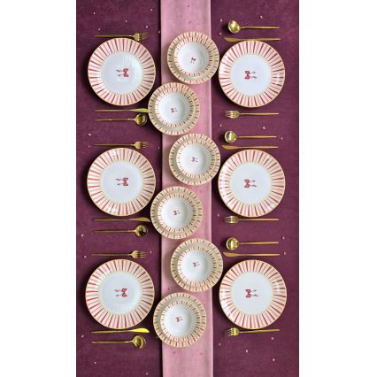 24-delige serviesset, wit/roze/goud, keramiek