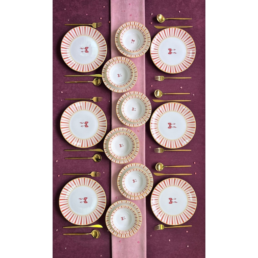 24-delige serviesset, wit/roze/goud, keramiek