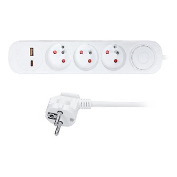 3 meter verlengkabel met schakelaar, 3 stopcontacten en USB A- en C-oplaadpoorten