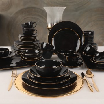44-delige eettafelset, zwart/goud, steengoed