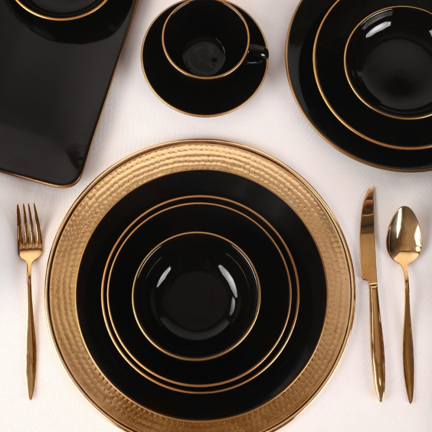 44-delige eettafelset, zwart/goud, steengoed