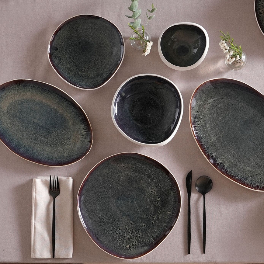 55-delig servies, wit/zwart/steengoed
